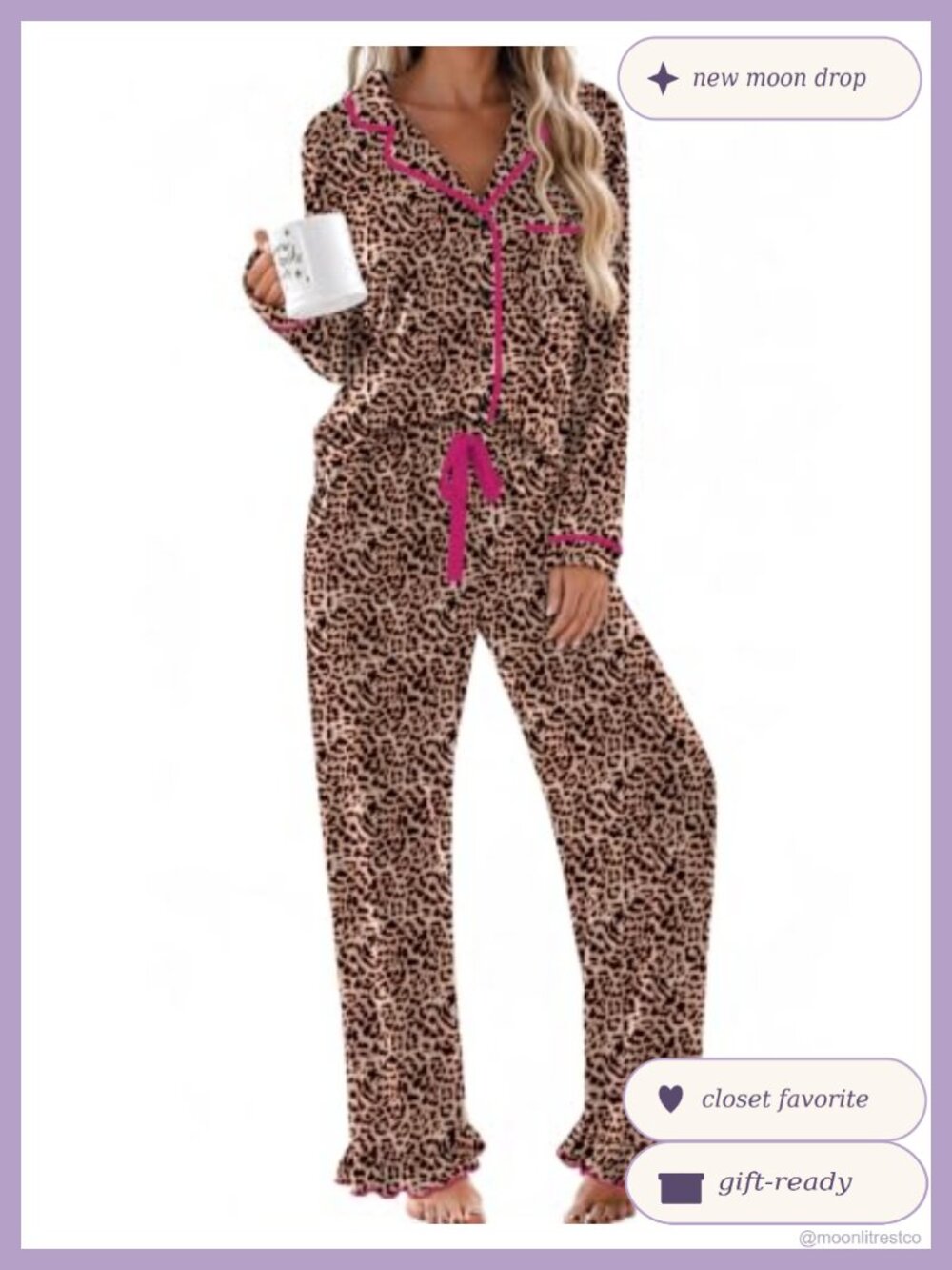 Women's Long Sleeve Button Down Pajama Set with Ruffle Hem